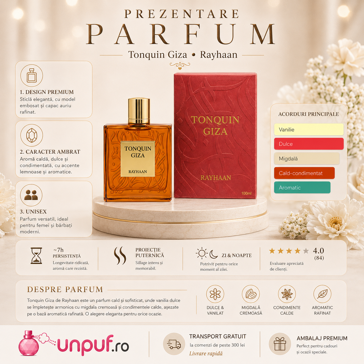 Prezentare parfum Arăbesc Rayhaan Tonquin Giza unisex 100 ml, flacon amber, cutie roșie, vanilie, migdală și condimente calde